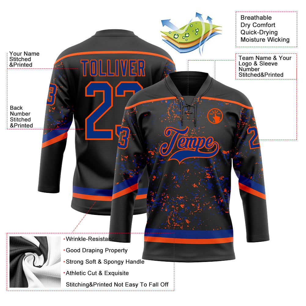 Custom Black Royal-Orange 3D Pattern Fragment Art Hockey Lace Neck Jersey