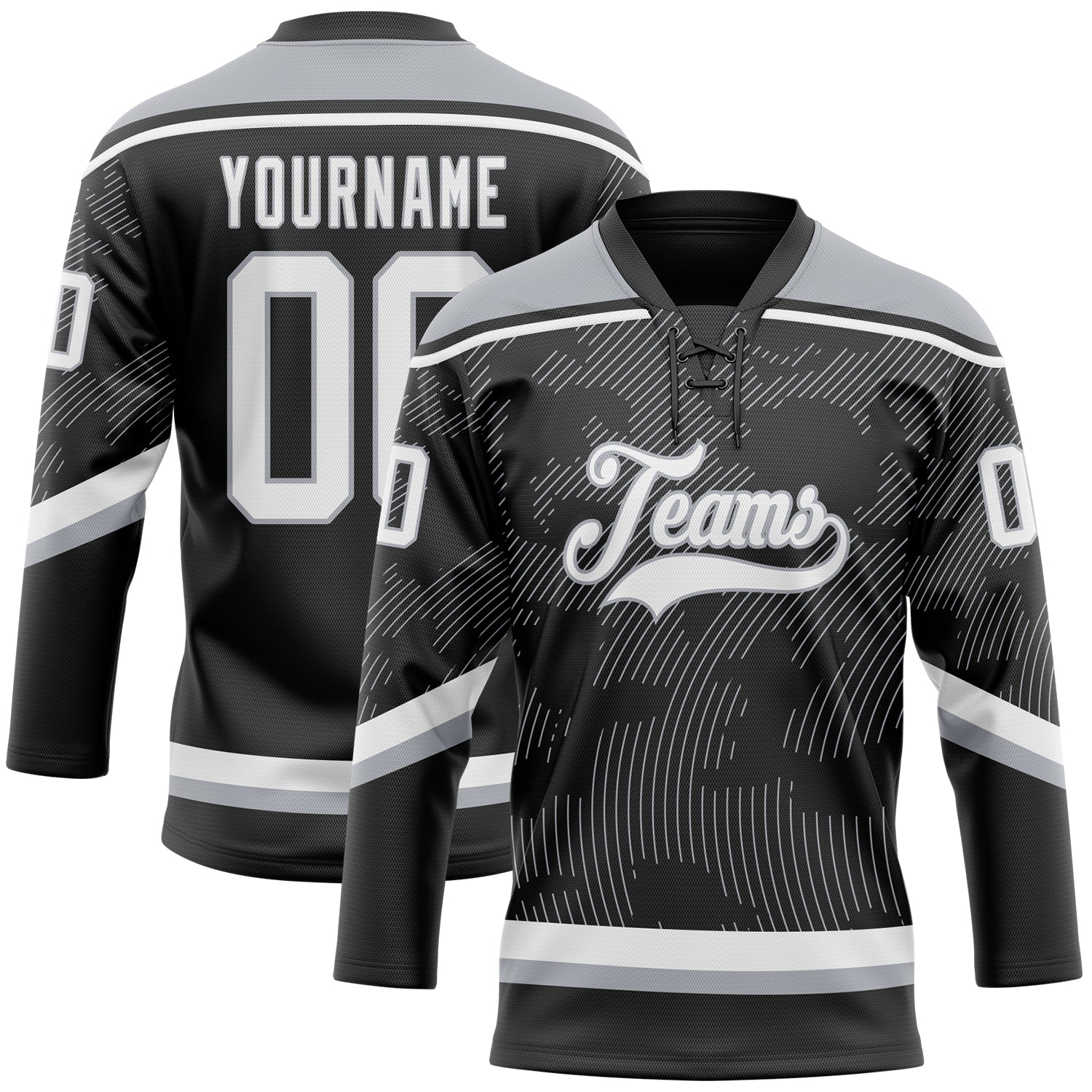 Custom Black White-Gray 3D Pattern Curve Lines Hockey Lace Neck Jersey