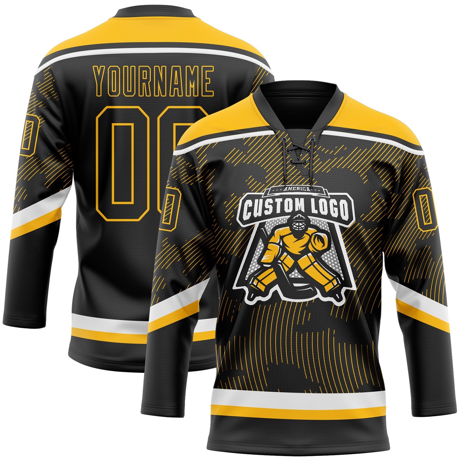 Custom Black Gold-White 3D Pattern Curve Lines Hockey Lace Neck Jersey