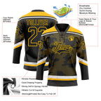 Custom Black Gold-White 3D Pattern Curve Lines Hockey Lace Neck Jersey