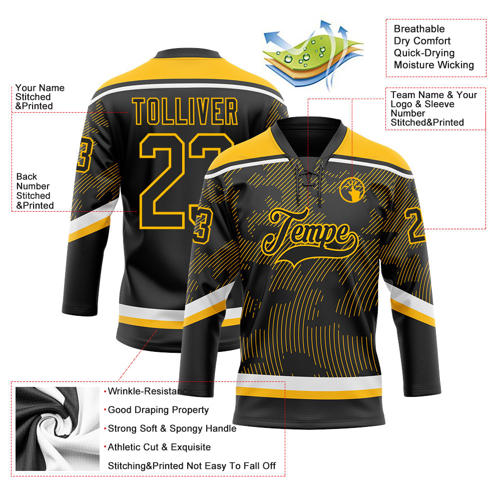 Custom Black Gold-White 3D Pattern Curve Lines Hockey Lace Neck Jersey