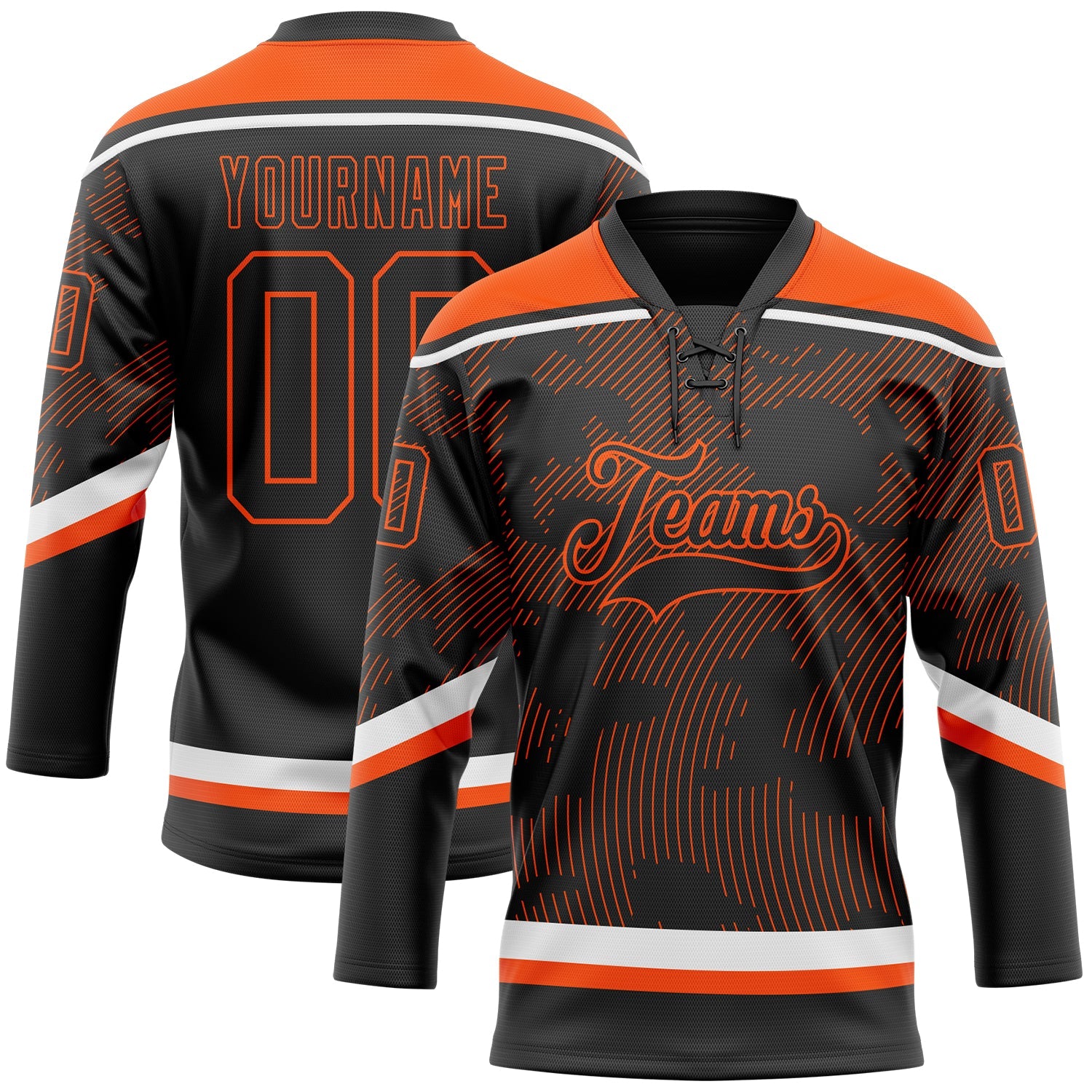 Custom Black Orange-White 3D Pattern Curve Lines Hockey Lace Neck Jersey