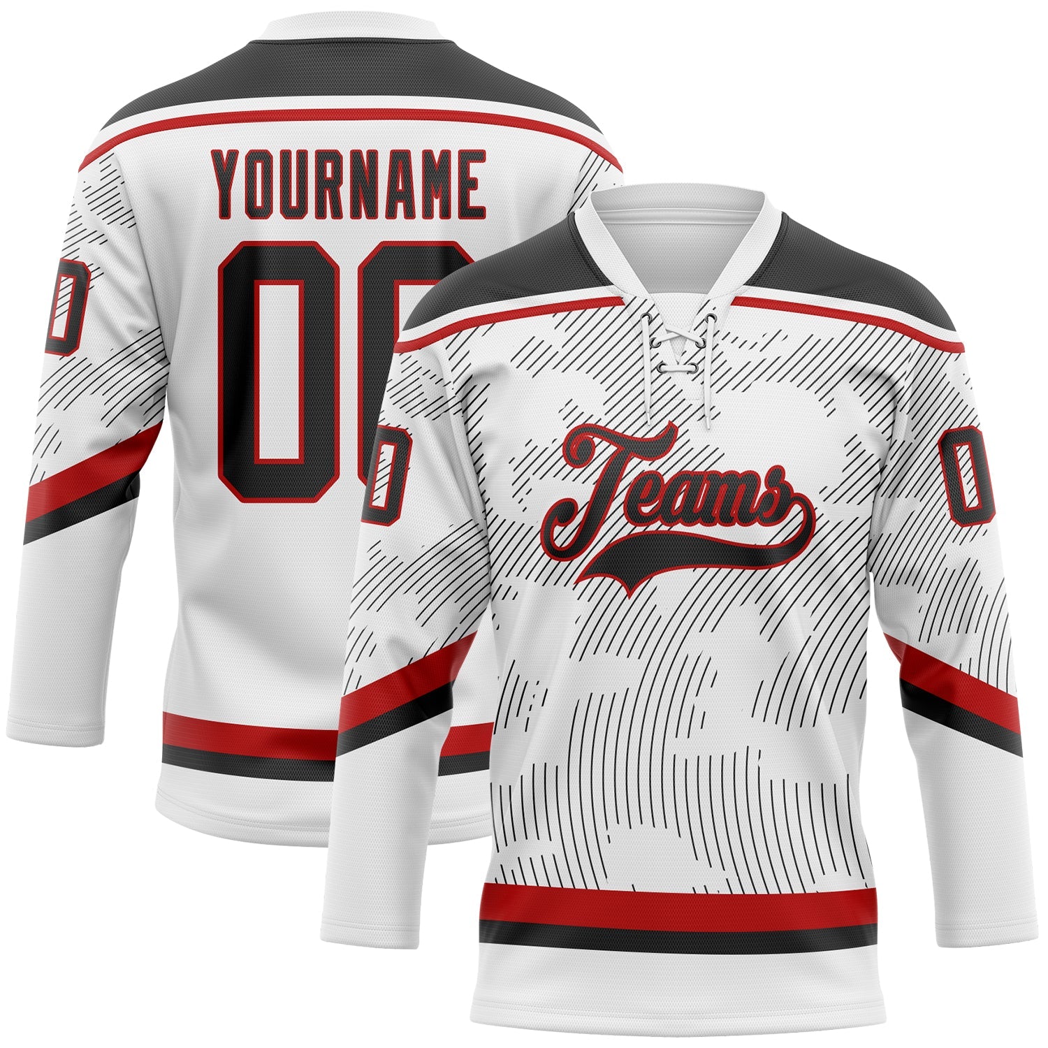 Custom White Black-Red 3D Pattern Curve Lines Hockey Lace Neck Jersey