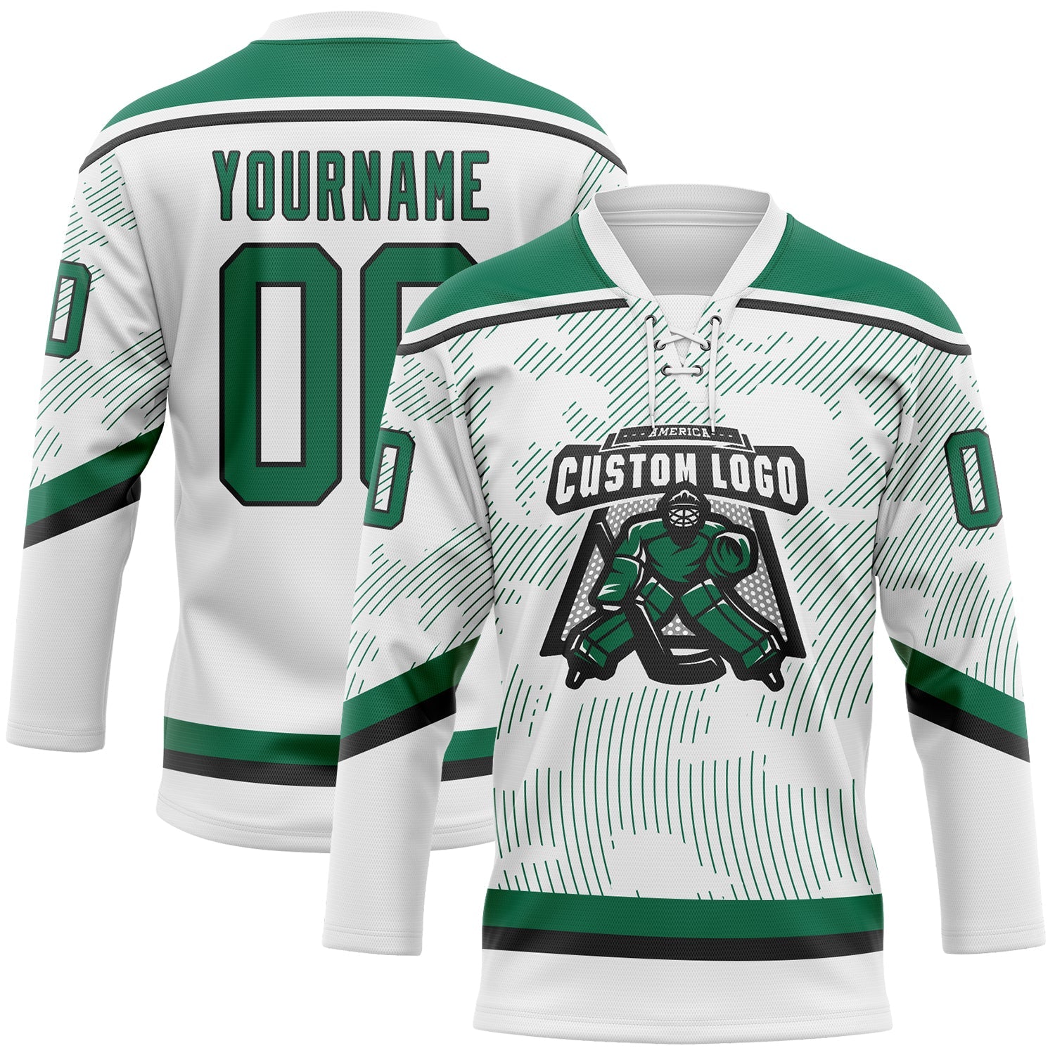 Custom White Kelly Green-Black 3D Pattern Curve Lines Hockey Lace Neck Jersey