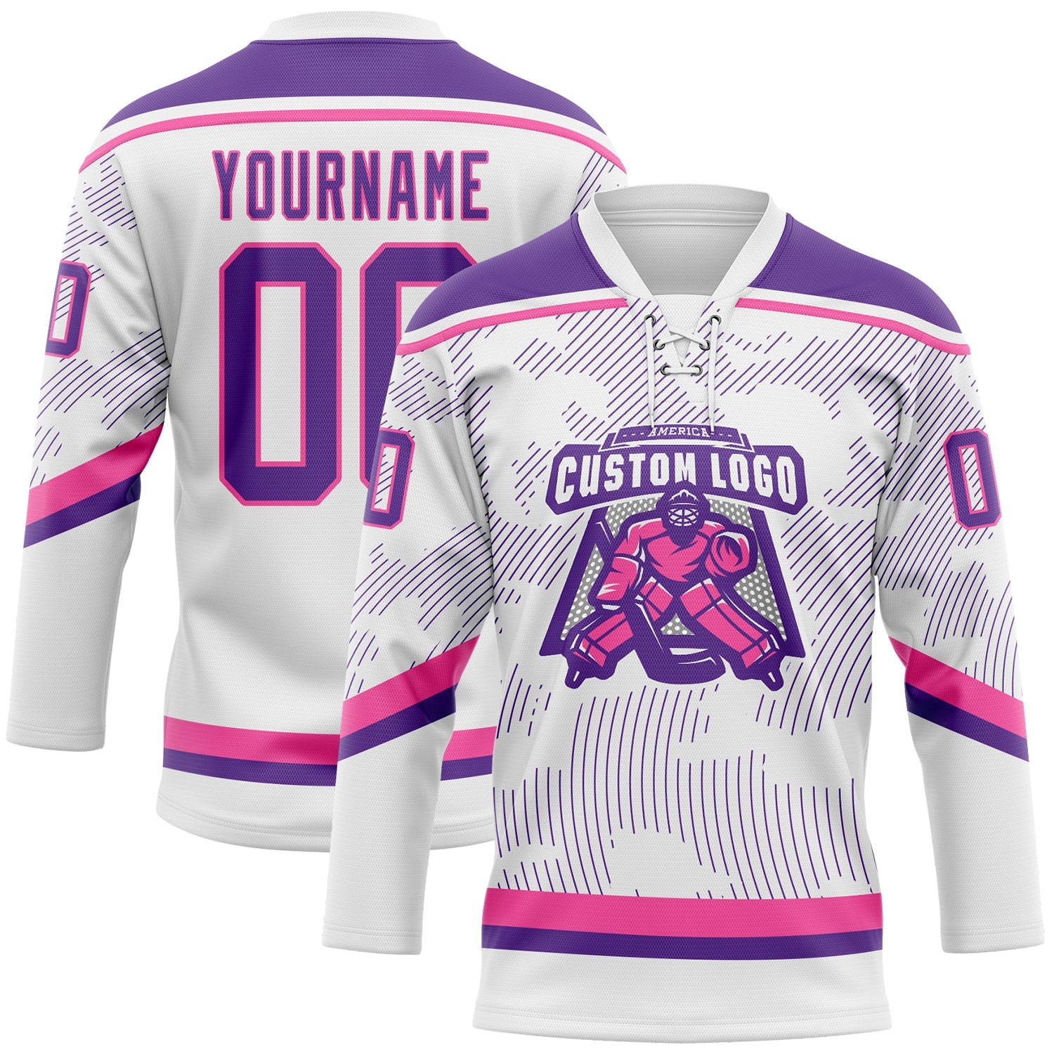 Custom White Purple-Pink 3D Pattern Curve Lines Hockey Lace Neck Jersey