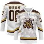 Custom White Brown-Old Gold 3D Pattern Curve Lines Hockey Lace Neck Jersey
