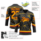 Custom Black Gold-Red 3D Pattern Abstract Network Hockey Lace Neck Jersey