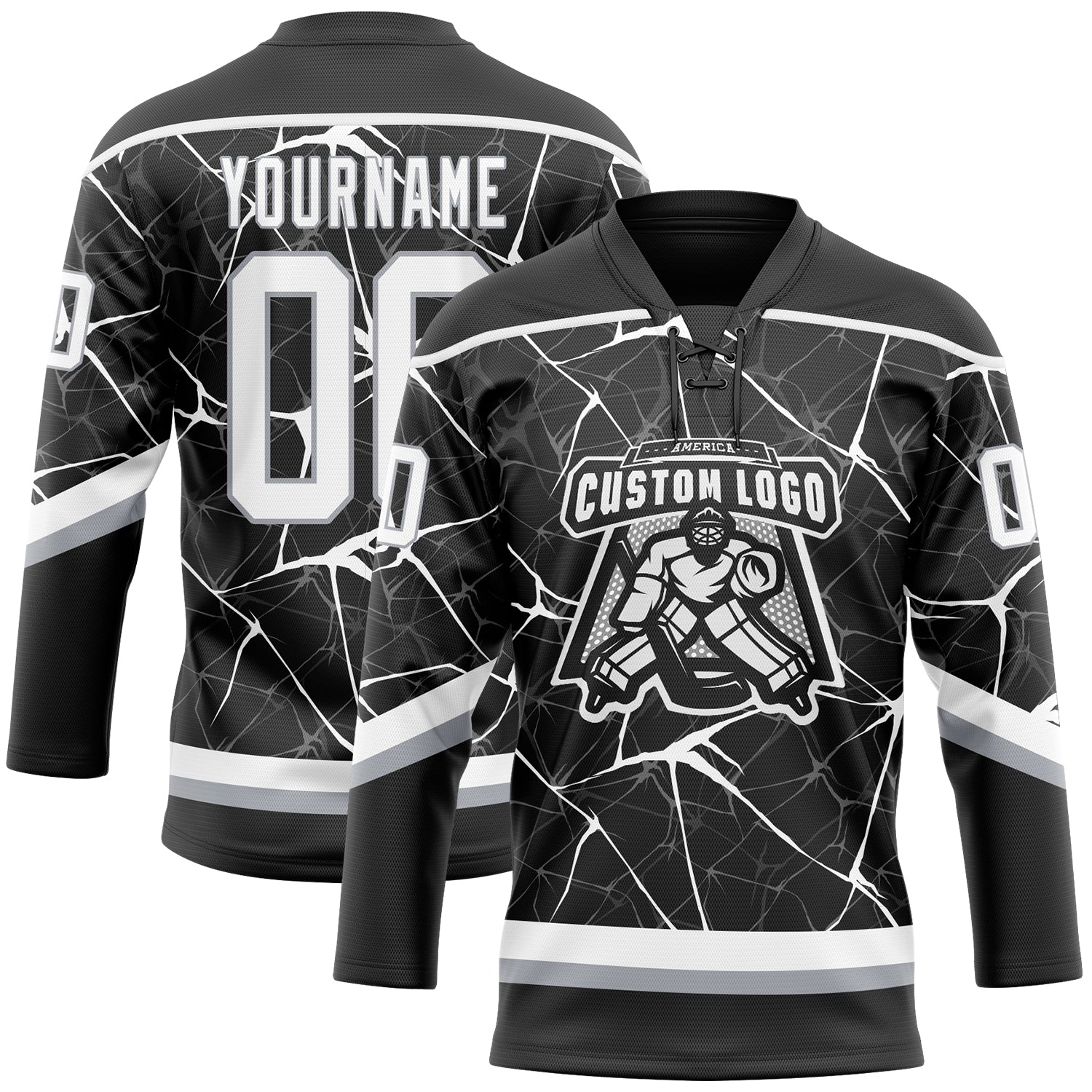 Custom Black White-Gray 3D Pattern Abstract Network Hockey Lace Neck Jersey