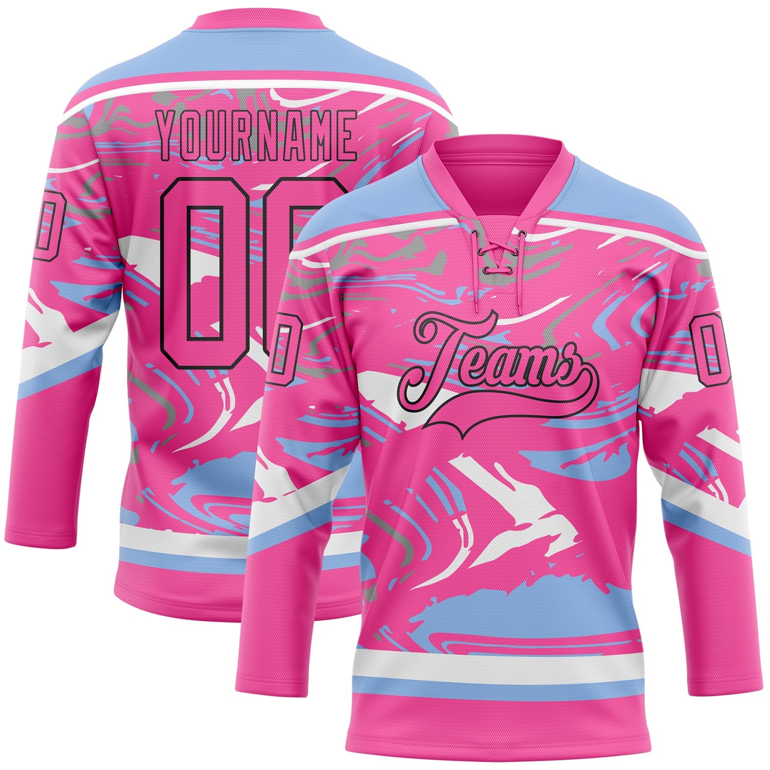 Custom Figure Pink Light Blue Black-White 3D Pattern Fluid Art Hockey Lace Neck Jersey