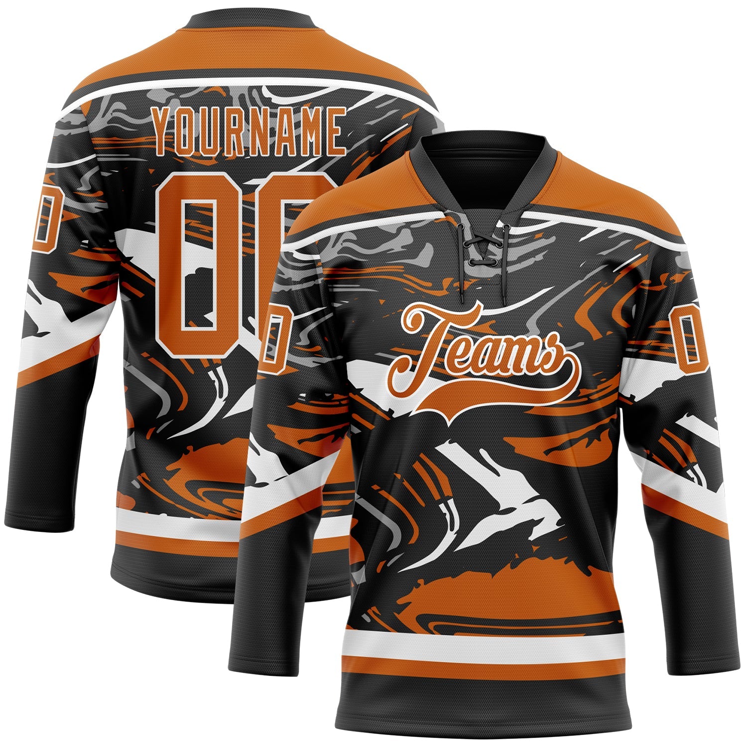 Custom Figure Texas Orange Black-White 3D Pattern Fluid Art Hockey Lace Neck Jersey
