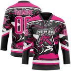 Custom Figure Hot Pink Black-White 3D Pattern Fluid Art Hockey Lace Neck Jersey