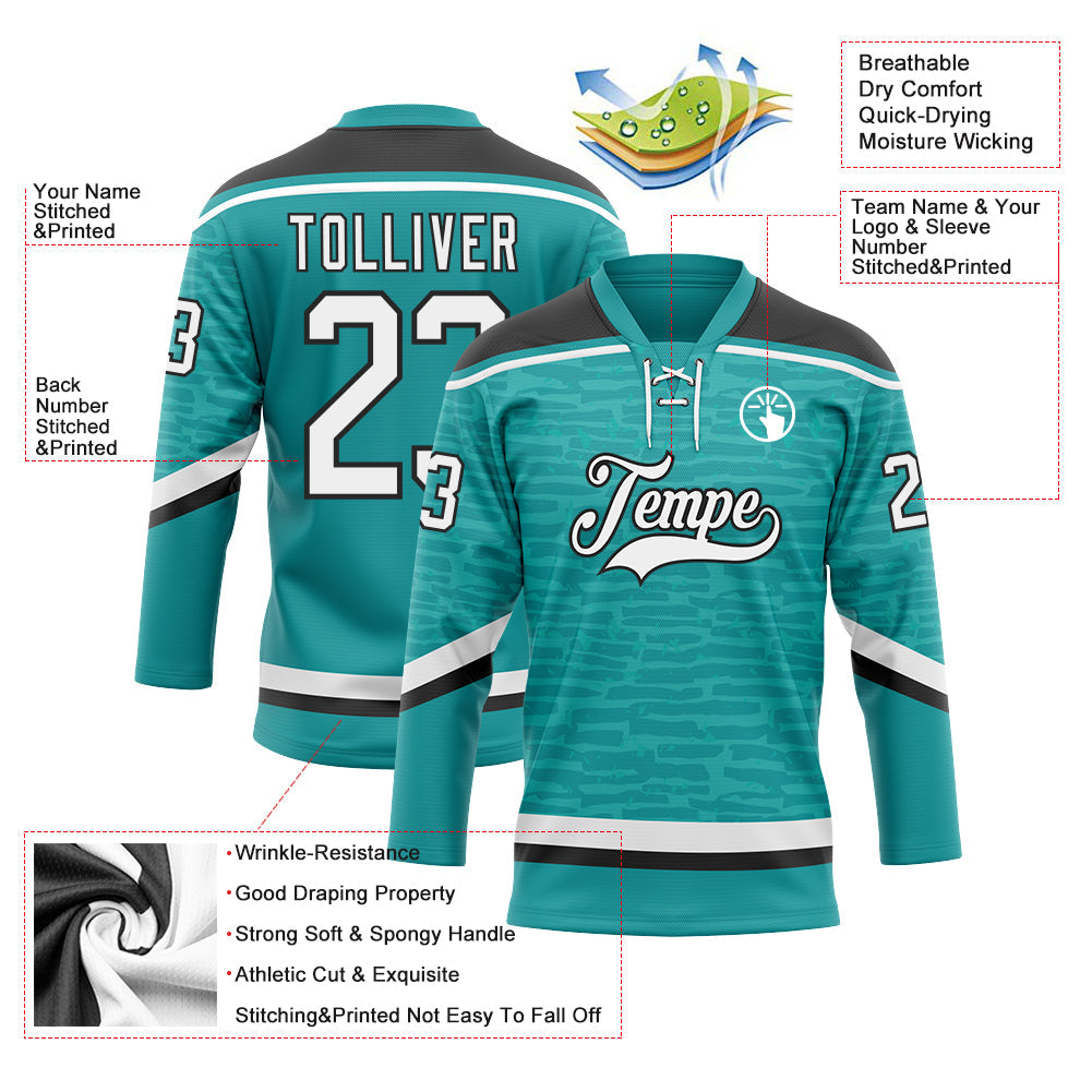 Custom Teal White-Black 3D Pattern Fragment Art Hockey Lace Neck Jersey