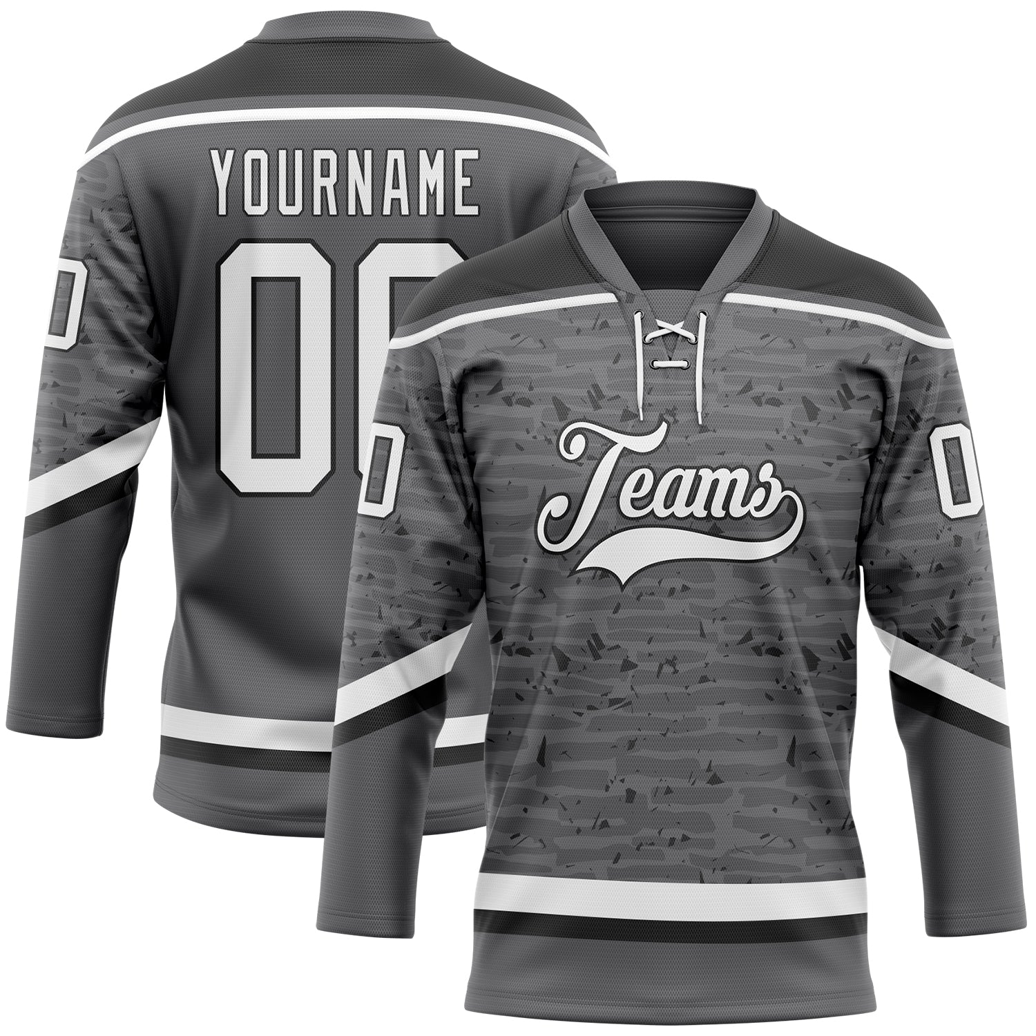 Custom Steel Gray White-Black 3D Pattern Fragment Art Hockey Lace Neck Jersey