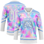 Custom Tie Dye White-Light Blue 3D Pattern Spalsh Art Hockey Lace Neck Jersey