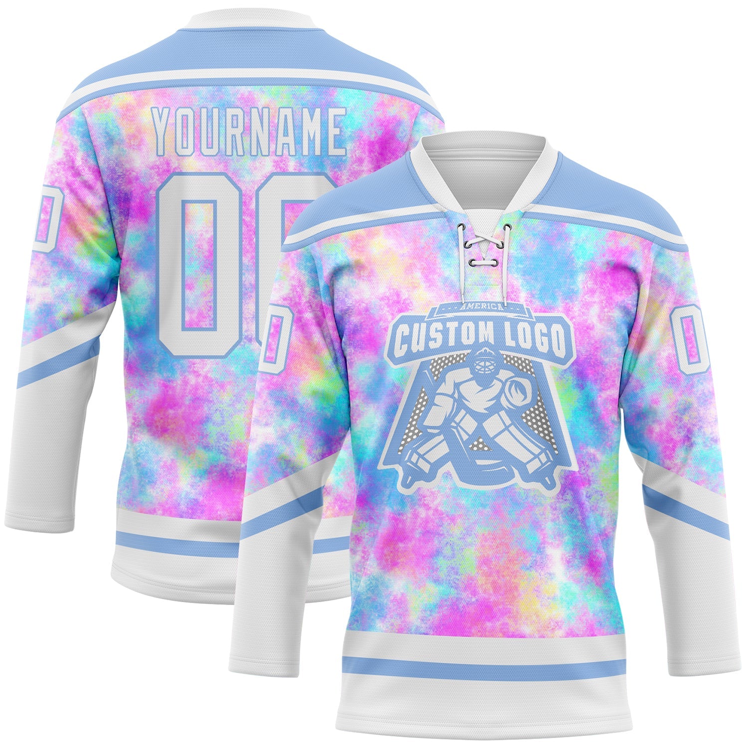 Custom Tie Dye White-Light Blue 3D Pattern Spalsh Art Hockey Lace Neck Jersey