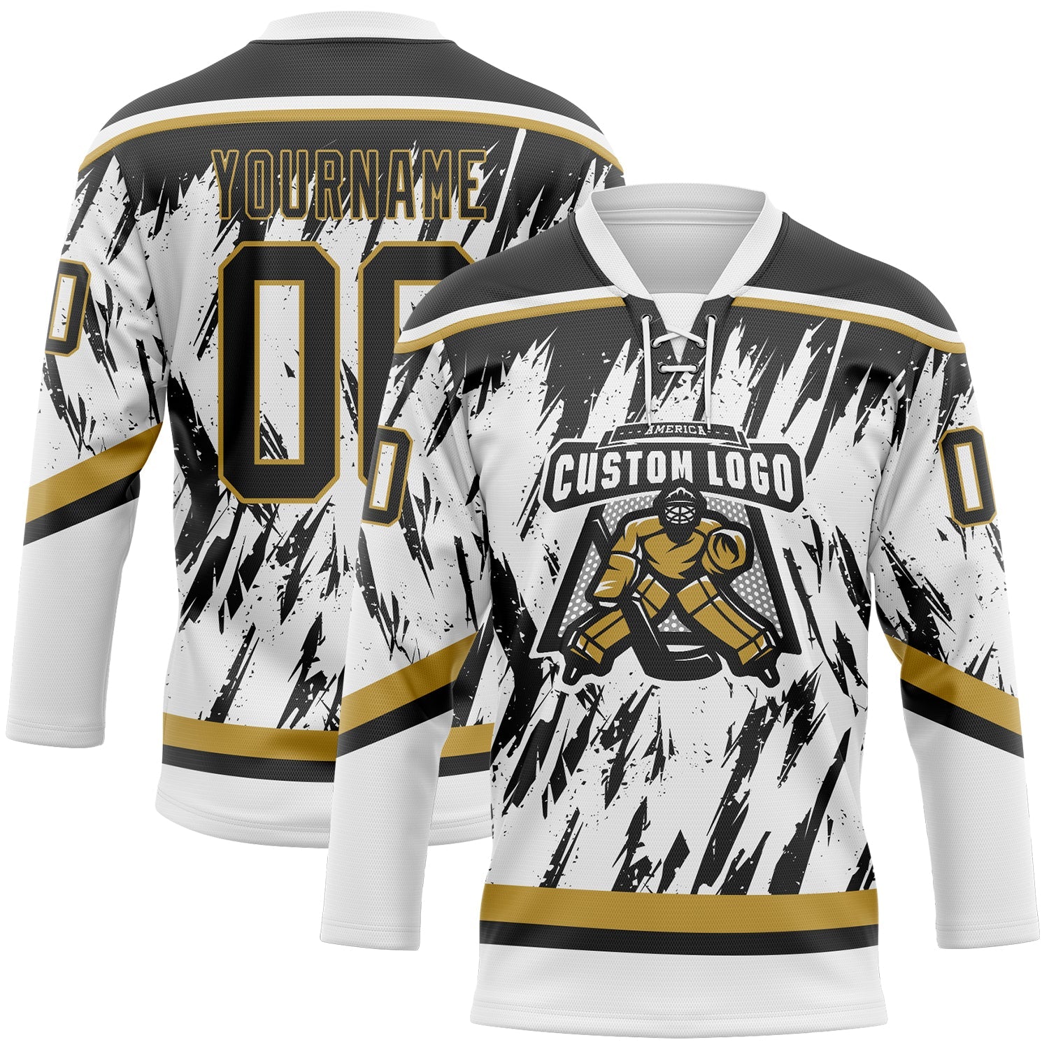 Custom White Black-Old Gold 3D Pattern Splash Art Hockey Lace Neck Jersey