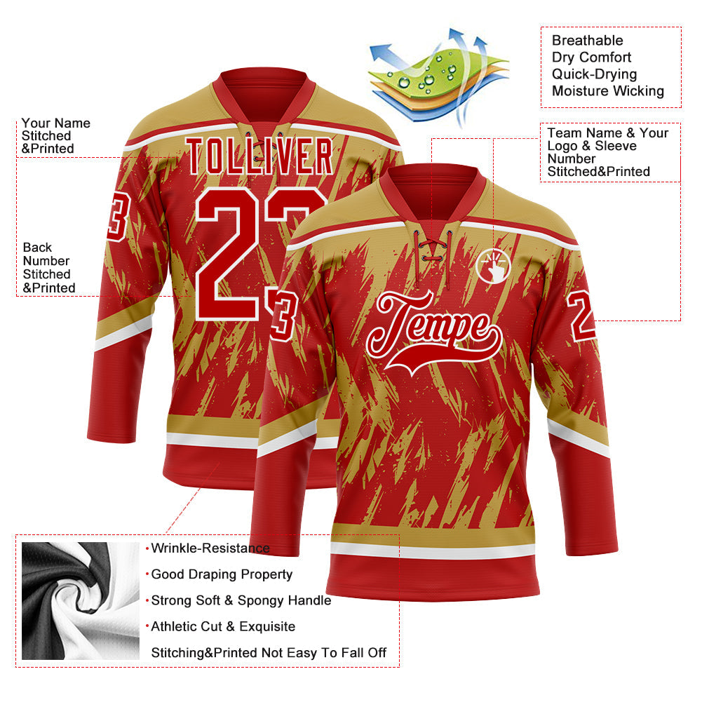 Custom Red Old Gold-White 3D Pattern Splash Art Hockey Lace Neck Jersey
