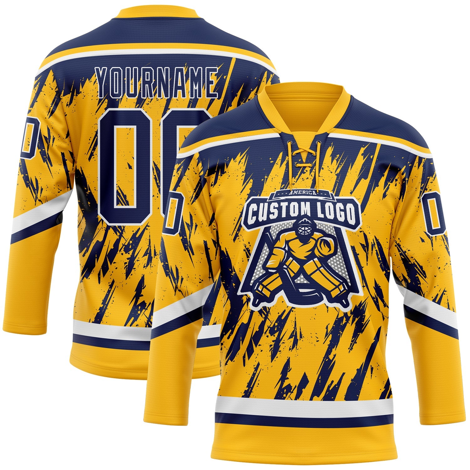 Custom Gold Navy-White 3D Pattern Splash Art Hockey Lace Neck Jersey