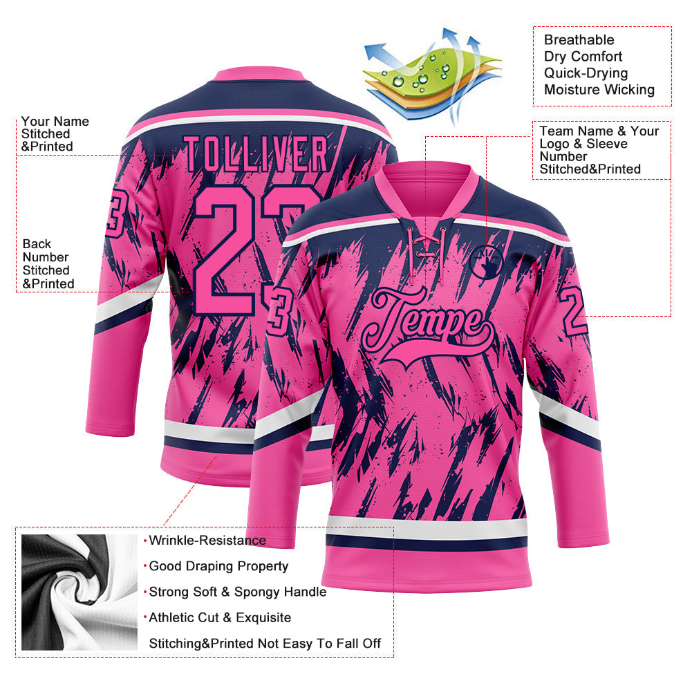 Custom Pink Navy-White 3D Pattern Splash Art Hockey Lace Neck Jersey