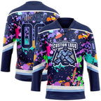 Custom Graffiti Pattern Navy Light Blue-White 3D Pattern Splash Art Hockey Lace Neck Jersey