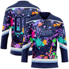 Custom Graffiti Pattern Navy Light Blue-White 3D Pattern Splash Art Hockey Lace Neck Jersey