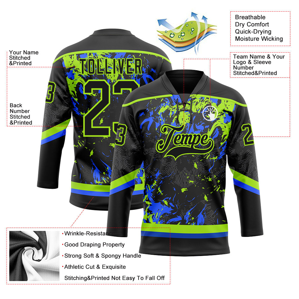 Custom Black Neon Green-Royal 3D Fluid Art Splash Hockey Lace Neck Jersey