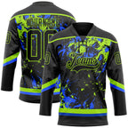 Custom Black Neon Green-Royal 3D Fluid Art Splash Hockey Lace Neck Jersey