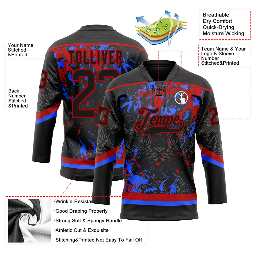 Custom Black Red-Royal 3D Fluid Art Splash Hockey Lace Neck Jersey