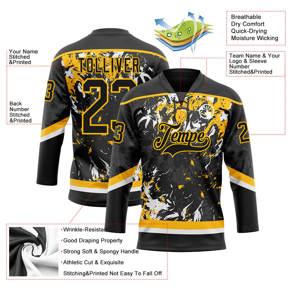 Custom Black Gold-White 3D Fluid Art Splash Hockey Lace Neck Jersey