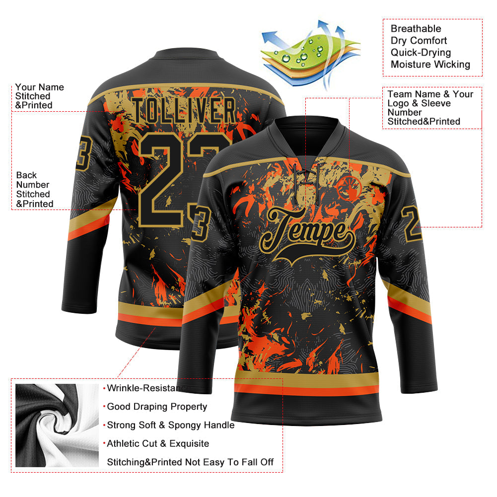 Custom Black Old Gold-Orange 3D Fluid Art Splash Hockey Lace Neck Jersey