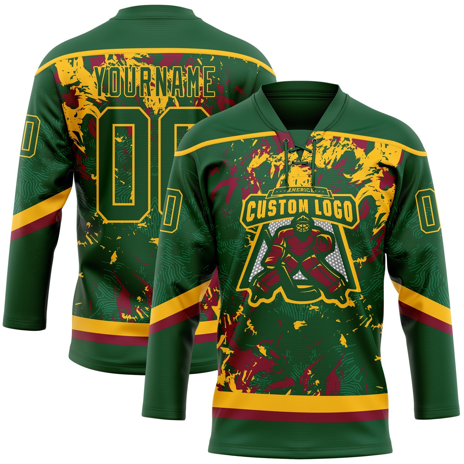 Custom Green Gold-Maroon 3D Fluid Art Splash Hockey Lace Neck Jersey