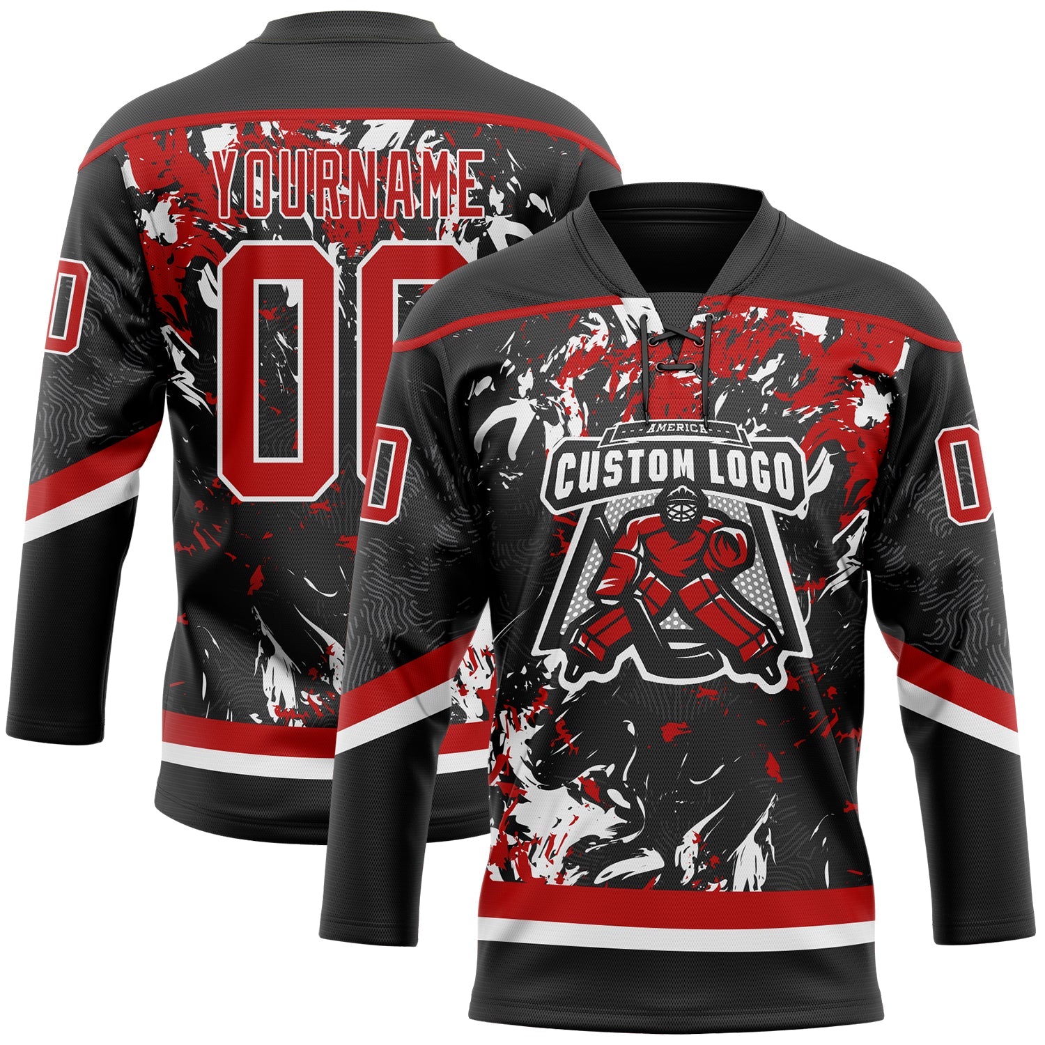 Custom Black Red-White 3D Fluid Art Splash Hockey Lace Neck Jersey
