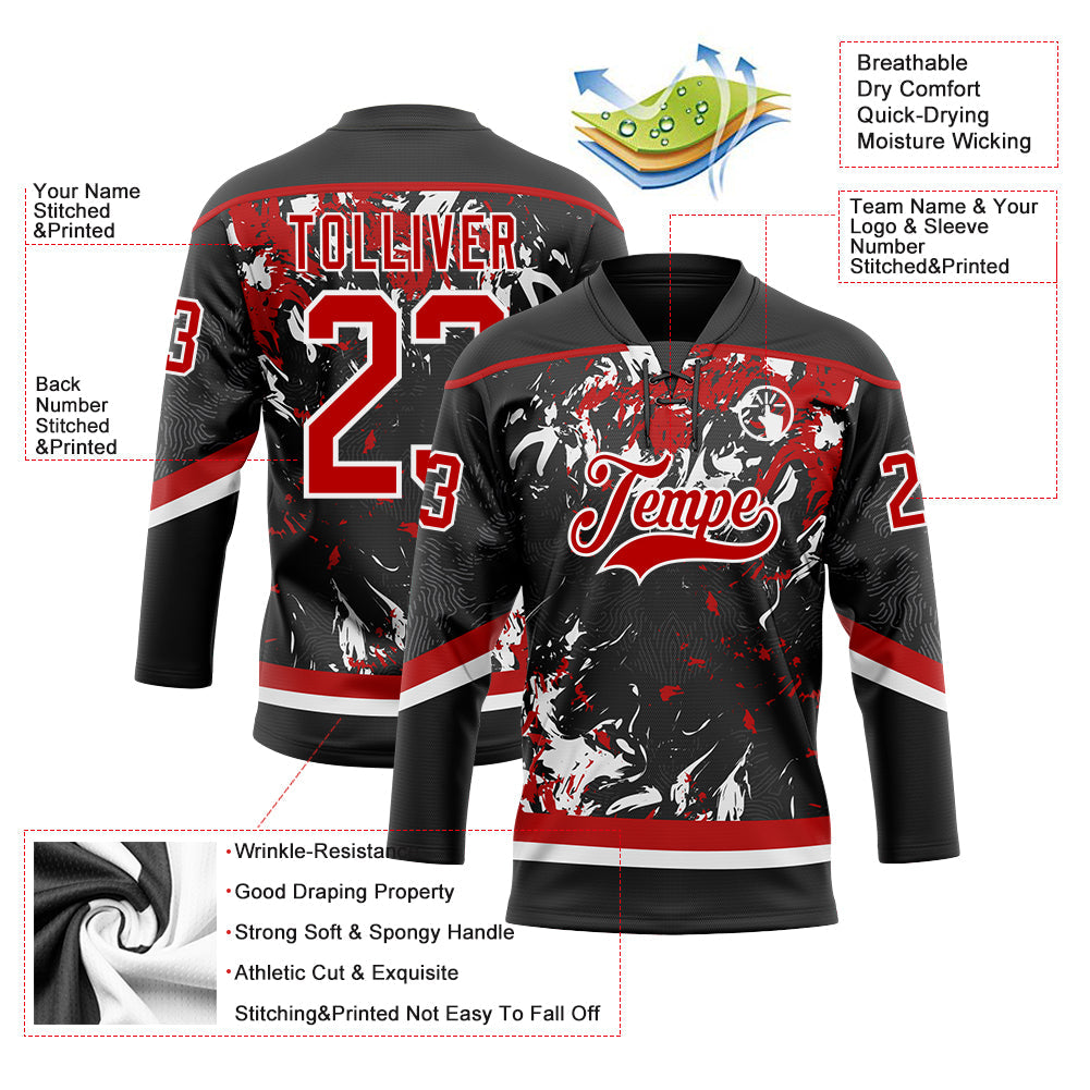 Custom Black Red-White 3D Fluid Art Splash Hockey Lace Neck Jersey
