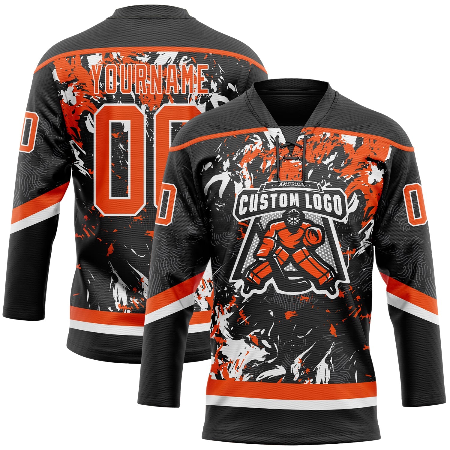 Custom Black Orange-White 3D Fluid Art Splash Hockey Lace Neck Jersey