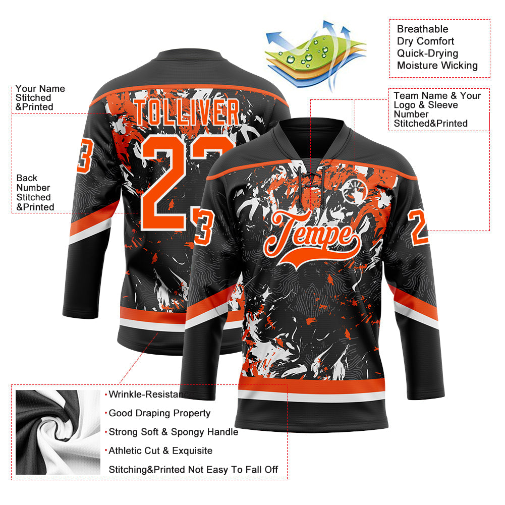 Custom Black Orange-White 3D Fluid Art Splash Hockey Lace Neck Jersey