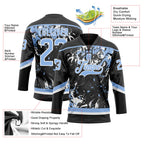 Custom Black Light Blue-White 3D Fluid Art Splash Hockey Lace Neck Jersey