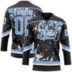 Custom Black Light Blue-White 3D Fluid Art Splash Hockey Lace Neck Jersey