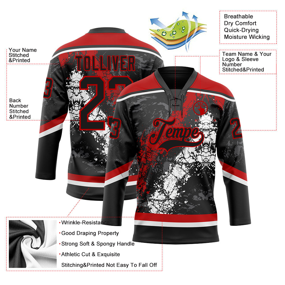 Custom Black Red-White 3D Splash Art Hockey Lace Neck Jersey