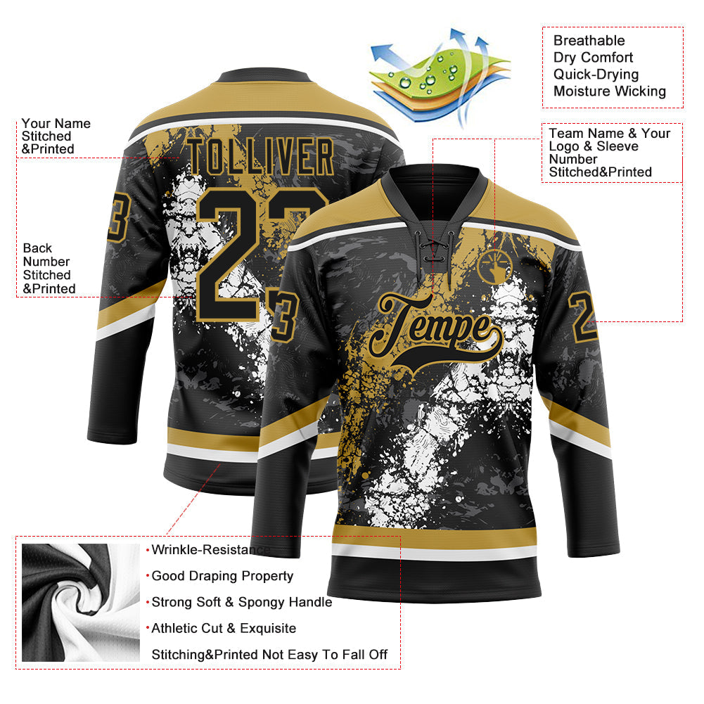 Custom Black Old Gold-White 3D Splash Art Hockey Lace Neck Jersey