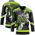 Custom Black Neon Green-White 3D Splash Art Hockey Lace Neck Jersey