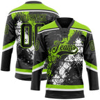 Custom Black Neon Green-White 3D Splash Art Hockey Lace Neck Jersey