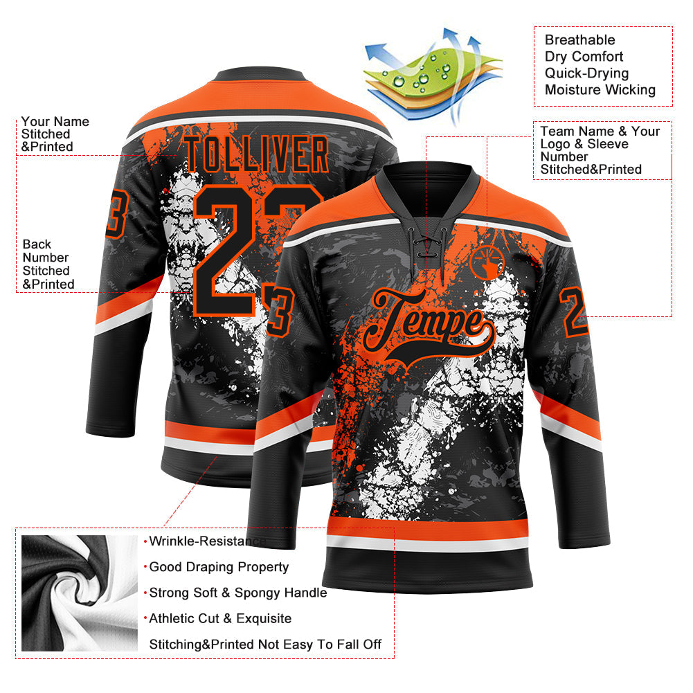Custom Black Orange-White 3D Splash Art Hockey Lace Neck Jersey