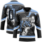 Custom Black Light Blue-White 3D Splash Art Hockey Lace Neck Jersey