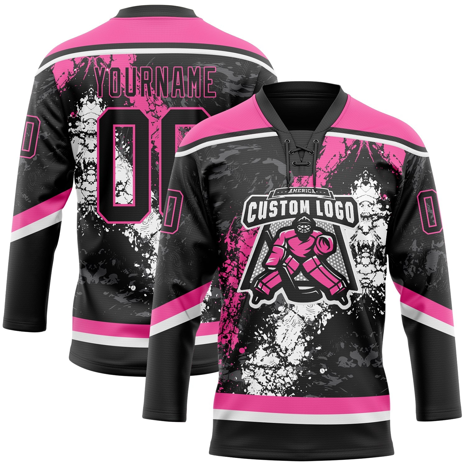 Custom Black Pink-White 3D Splash Art Hockey Lace Neck Jersey