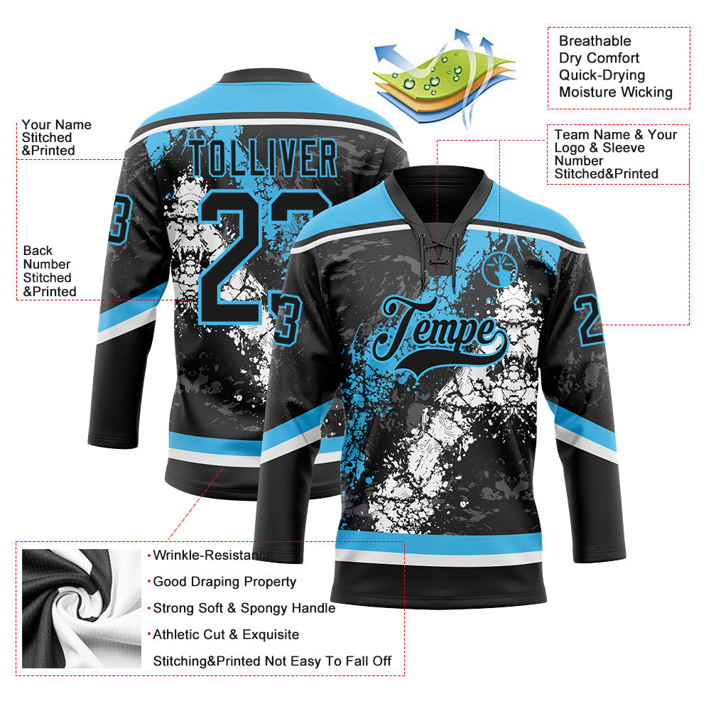 Custom Black Sky Blue-White 3D Splash Art Hockey Lace Neck Jersey