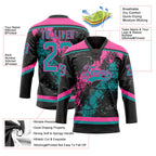Custom Black Teal-Pink 3D Splash Art Hockey Lace Neck Jersey