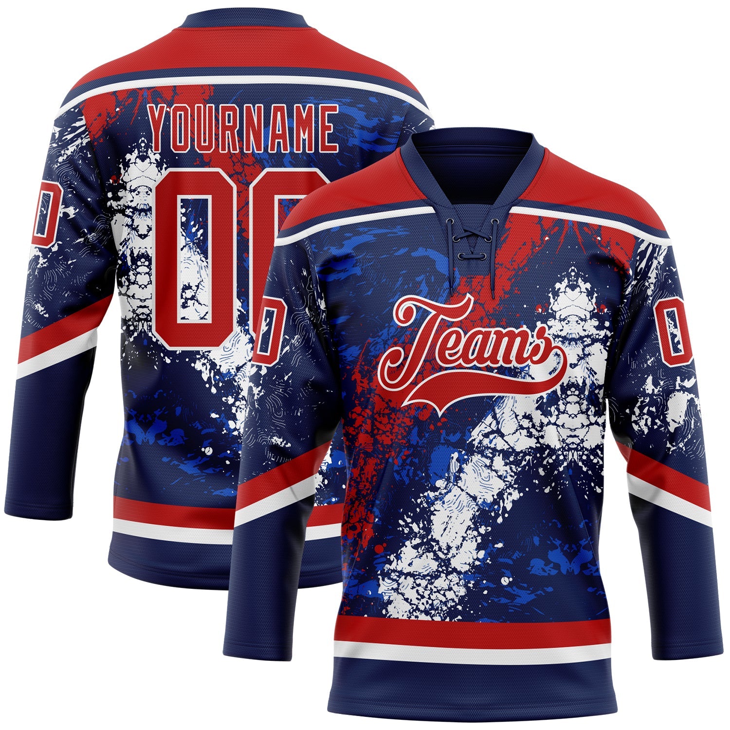 Custom Navy Red Thunder Blue-White 3D Splash Art Hockey Lace Neck Jersey