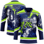 Custom Navy Thunder Blue Neon Green-White 3D Splash Art Hockey Lace Neck Jersey