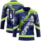 Custom Navy Thunder Blue Neon Green-White 3D Splash Art Hockey Lace Neck Jersey