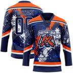 Custom Navy Thunder Blue Orange-White 3D Splash Art Hockey Lace Neck Jersey